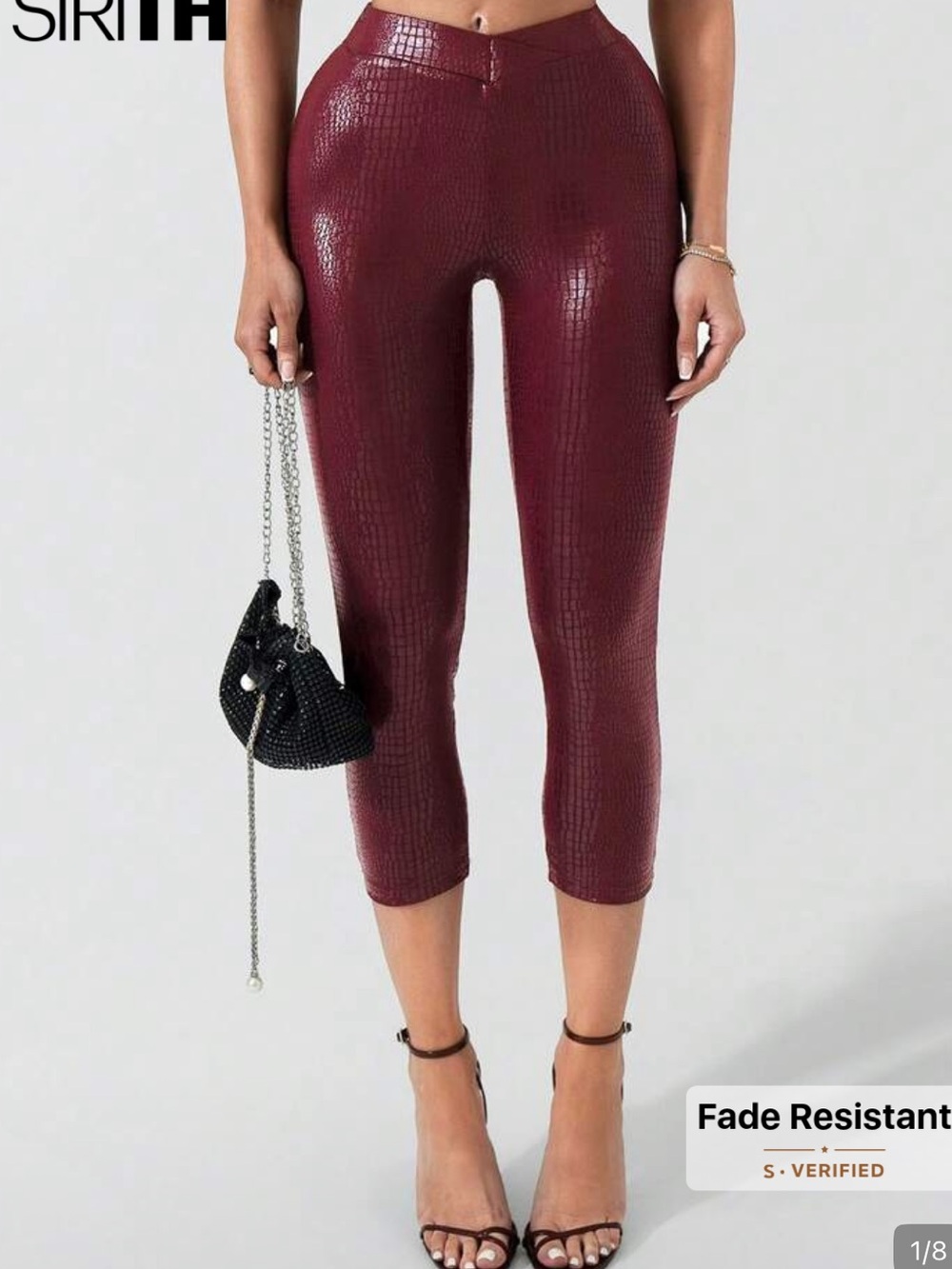 High-Waist Cropped Faux-Croc Leggings in Burgundy